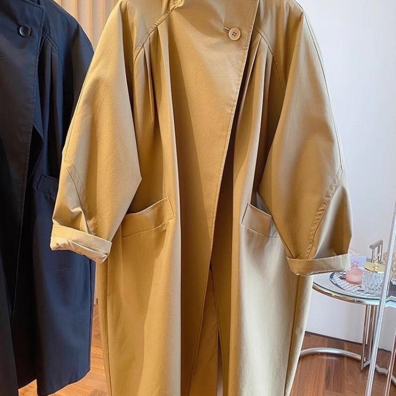 High End Stand Up Collar Outwear Spring Plus Size Women's Casual Loose Mid Long Windbreaker Lining Jacket Khaki Black Top