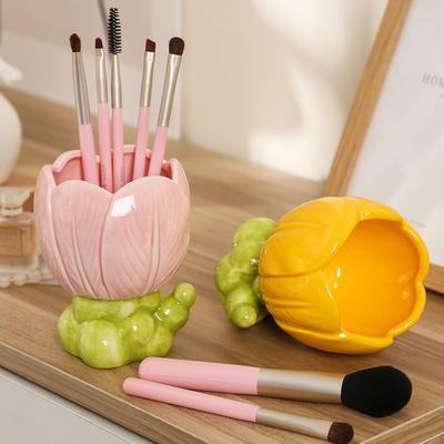 1 szt. Ceramiczny Tulipán Kwiatowy Pudełko na Pędzle do Makijażu Dekoracja Biurka Wazon na Kwiaty Aranżacja Dekoracja Biurka w Salonie Półka na Artykuły Biurowe