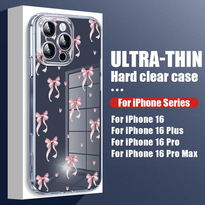 IPhone 16 Plus 15 14 Pro 12 13 Pro Max 11 Darbeye Dayanıklı Fiyonk Desenli Sert Pc Şeffaf İnce Lens Korumalı Telefon Kılıfı Kapağı