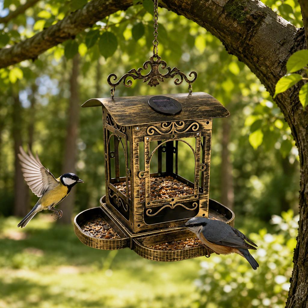 Vintage Metal Hanging Bird Feeder Outdoor Decorative Pavilion Design with Large Seed Tray for Garden Yard Patio Balcony