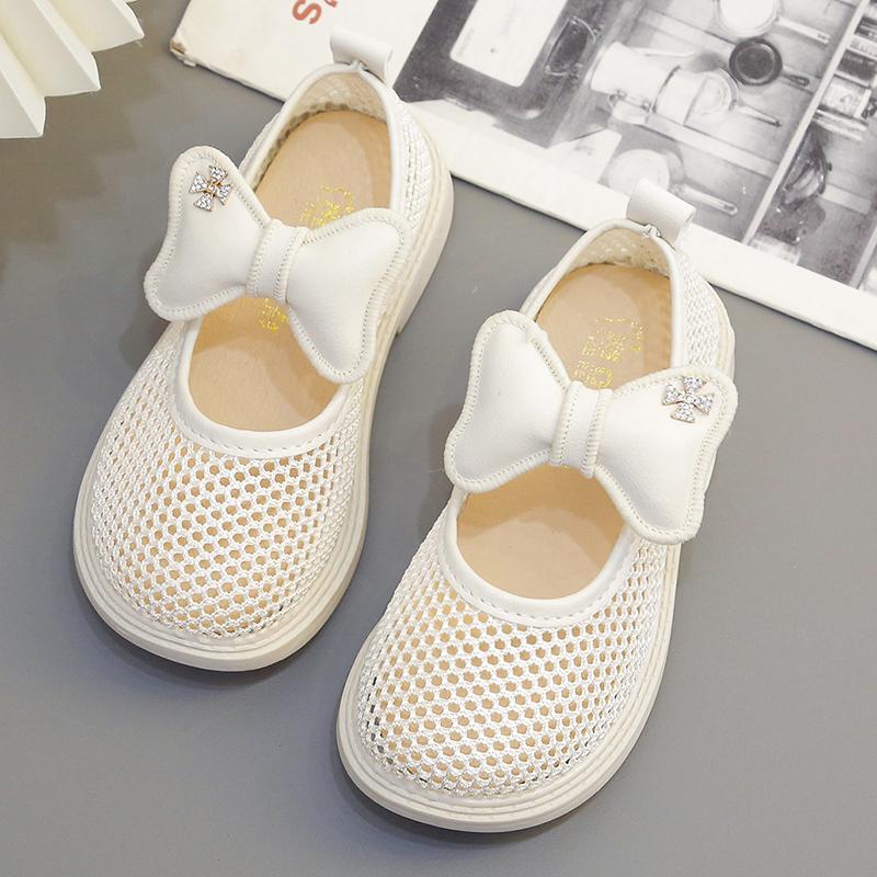 Girls Hollow Sandals with Bow-knot Round-toe Non-slip Children Princess Shoes Air Mesh Kids Half Sandals Breathable 2024 New