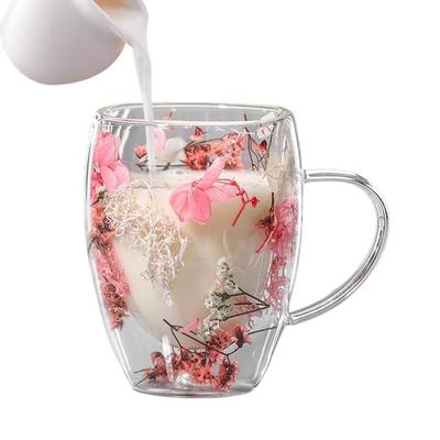 Double Wall Glass Cup Dried Flowers Glass Cup 350ml Anti-Scalding Mug Coffee Mug for Milk Chocolate Tea Juice Hot Cold Beverages