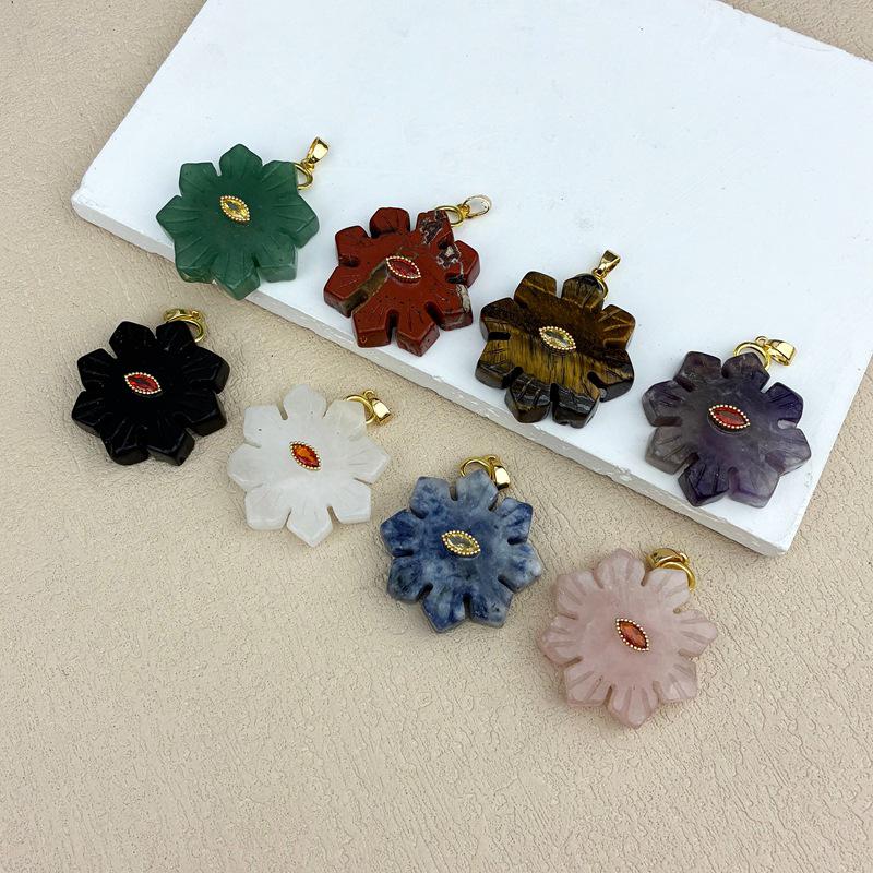 Natural Rose Quartz Crystal & Snowflake Pendant Necklace with Lapis Lazuli