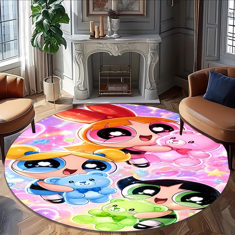 1pc Powerpuff6 Carpet, Round Rug, Comfortable, Suitable for Entryways, Living Rooms, Office, And Bedrooms, Christmas Decoration