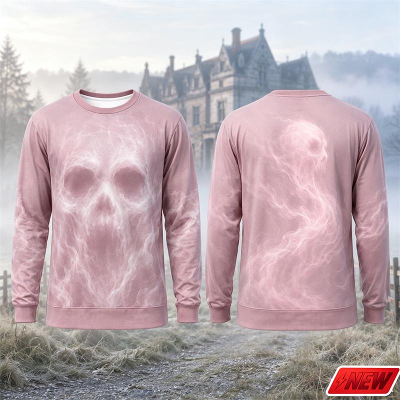 Novelty Long Sleeve T‑Shirt Men Gothic Flame Smoke Skull 3D Print Tee Fire Skeleton Graphic Casual Halloween Party Street Top