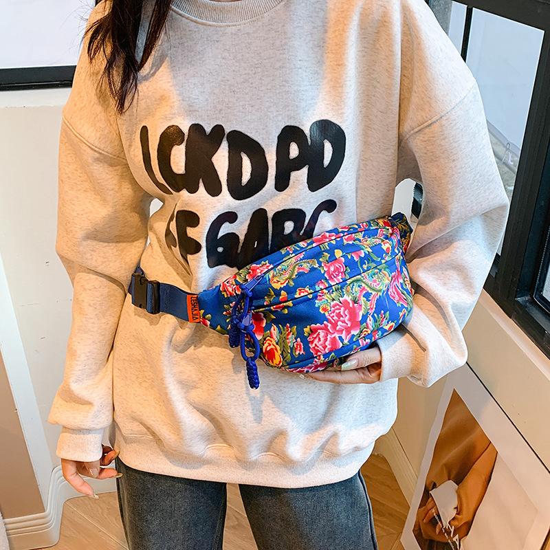 Chinese Style Northeast Big Flower Vintage Crossbody Bag Women Street Fashion Chest Bag Floral Pattern Sport Casual Fanny Pack