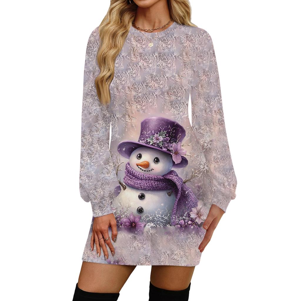 Vestido Casual Feminino da Moda com Estampa de Natal, Gola Redonda e Manga Longa