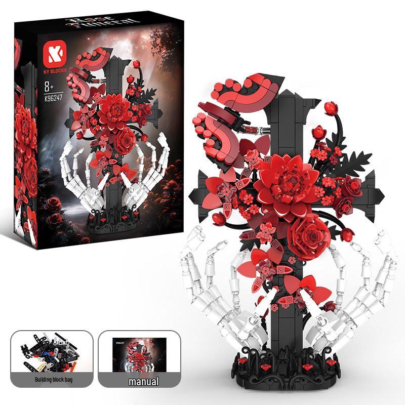 Cross-Border MOC Gothic Skull Hand Rose Flower Building Blocks Ornament Toy