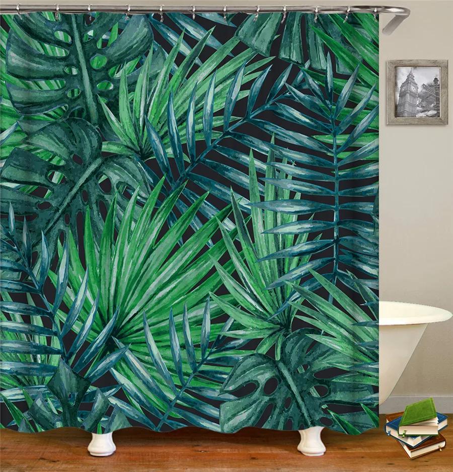 3D Badezimmervorhänge Tropische Grüne Blätter Pflanzen Monstera Druck Duschvorhang Heimdekoration Wasserdichter Stoff Badewannenvorhang