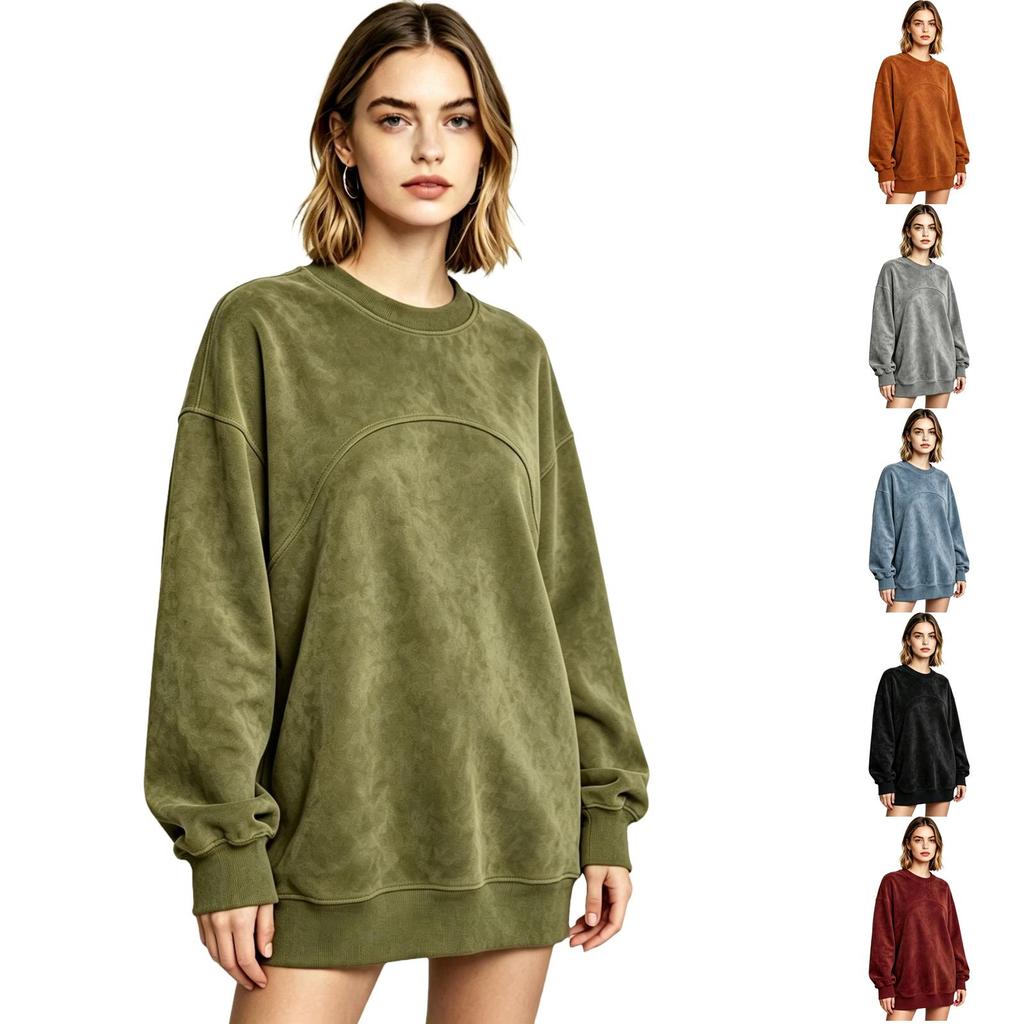 Women's Casual Pullover Top with Loose Fit, Drop Shoulder, Long Sleeves and Curved Seam