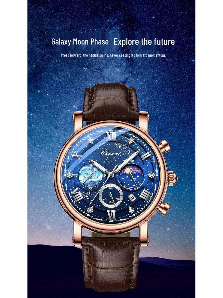 Dawn Sun Moon Stars Multifunctional Men's Quartz Watch with Luminous Moon Phase Chronograph