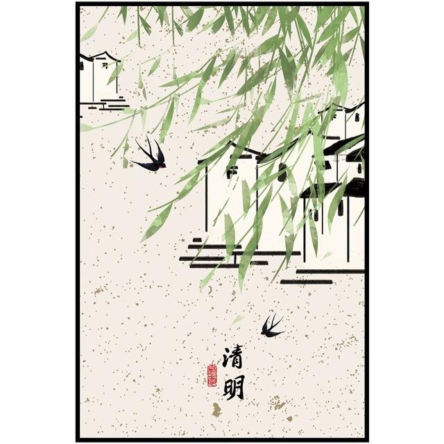 

Китайский плакат с 24 солнечными терминами, весеннее равноденствие, чистая яркость, зернистый дождь, холст, картина для гостиной, дома, настенная живопись, декор 21*30cm