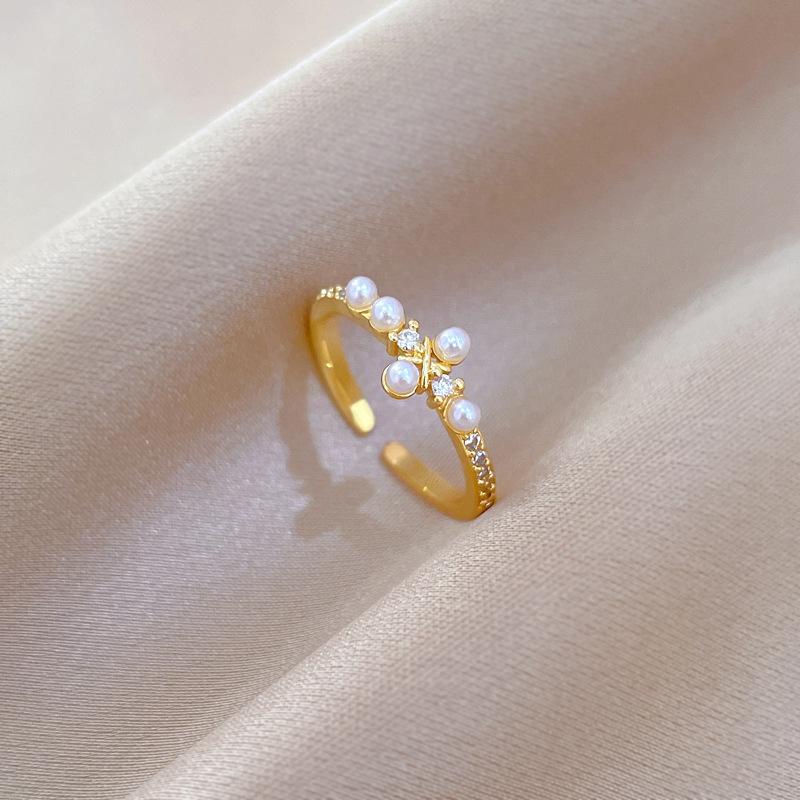 Real Gold Pearl Cross Ring Opening Adjustable Simple Jewelry Japanese Ring Couple Ring