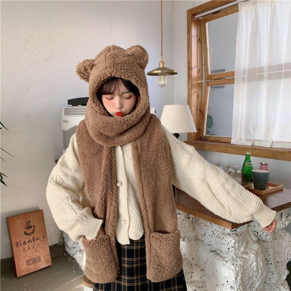 Bear Scarf with Integrated Women's Gloves and Ear Protection Hat, Cute Women's Hat Three-Piece Set, Thickened and Warm, Double-Layered for Cold