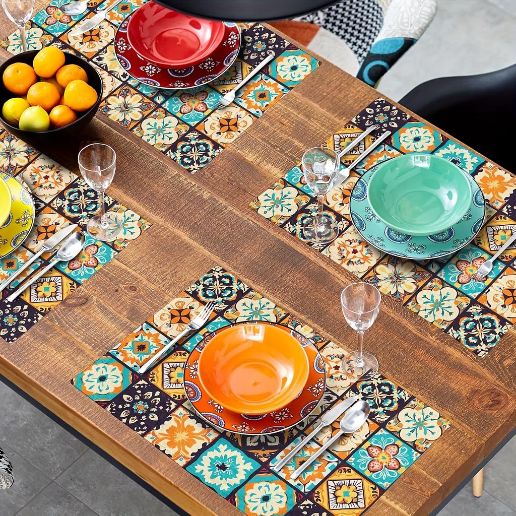 Boho Floral Placemats Set of 4, Retro Flower Geometric Place Mat Bohemian Floral Cloth Tablemats Non-Slip Washable Tabletop Mat 12x18 Inch for Indoor