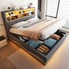 Upholstered Bed 180×200 with Hydraulic Storage APP-Controlled LED Light Strip USB Charging Port Metal Slatted Frame Linen Upholstery Grey.