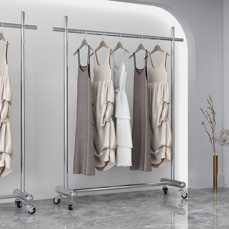 Adjustable Clothing Display Rack with Wheels – Stainless Steel, for Women's and Children's Apparel.
