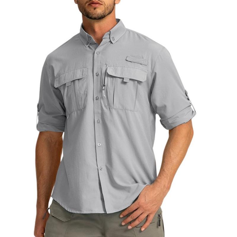 Mens Casual Solid Color Long Sleeve Fishing Button Up Shirt