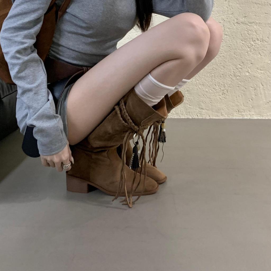 2025 Retro Ödland Fransen Ritterstiefel Dicke Ferse aber Kniestiefel Damen Dünne Plissierte Block High Boots