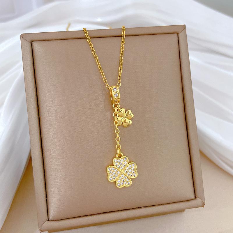 Lucky Grass Fringed Personality Light Luxury Temperament Gorgeous Full Diamond Necklace Female Versatile Collarbone Chain Titanium Steel Chain