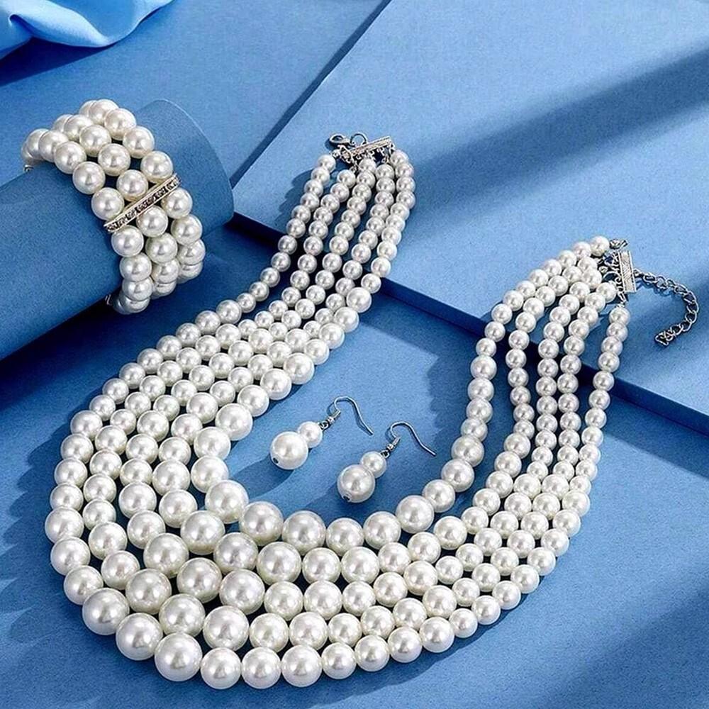 

4 шт. Модный элегантный свадебный цирконовый набор, имитация жемчуга, ручная работа, бисерное колье, браслет, набор серег, женские аксессуары для вечеринки