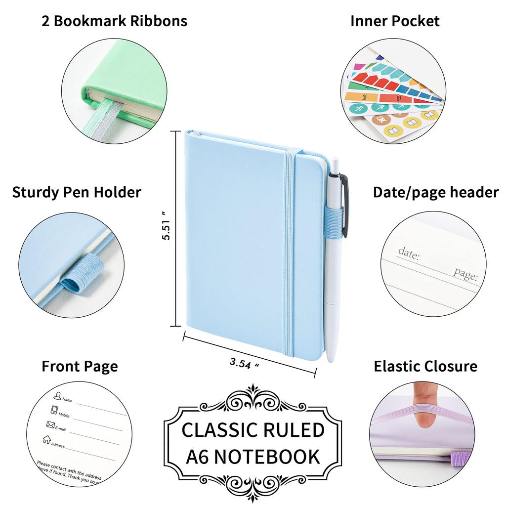 Feela A6 Pastellfarben Notizbuch Set 6mm Liniert Synthetisches Mini-Notizbuch mit Schwarzem Stift 3, B-Liniert, Liniert, Leder, Taschenformat