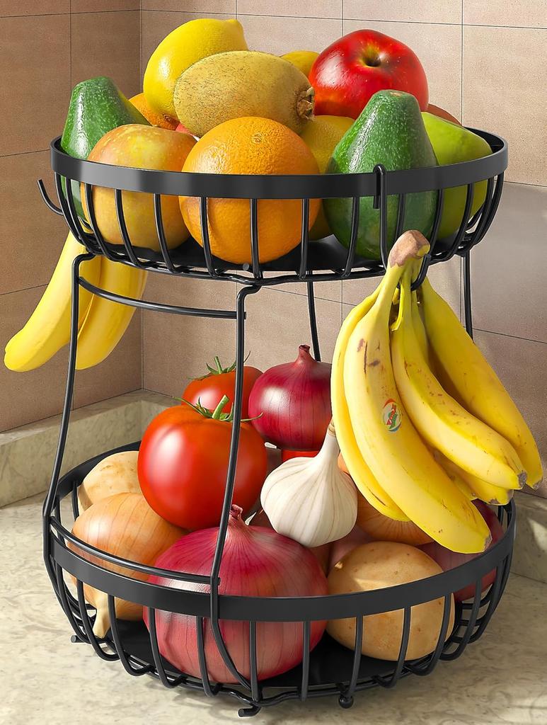 2 Tier Large Fruit Basket for Kitchen Counter with 2 Banana Hangers, Metal Stackable Fruit Bowl for Kitchen Counter for Bread