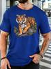 Wild Tiger On Rock Jungle Leaves Graphic Unisexs Short Sleeve Crew Neck Cotton T Shirt Vintage Animal Print Male Nature Casual Top