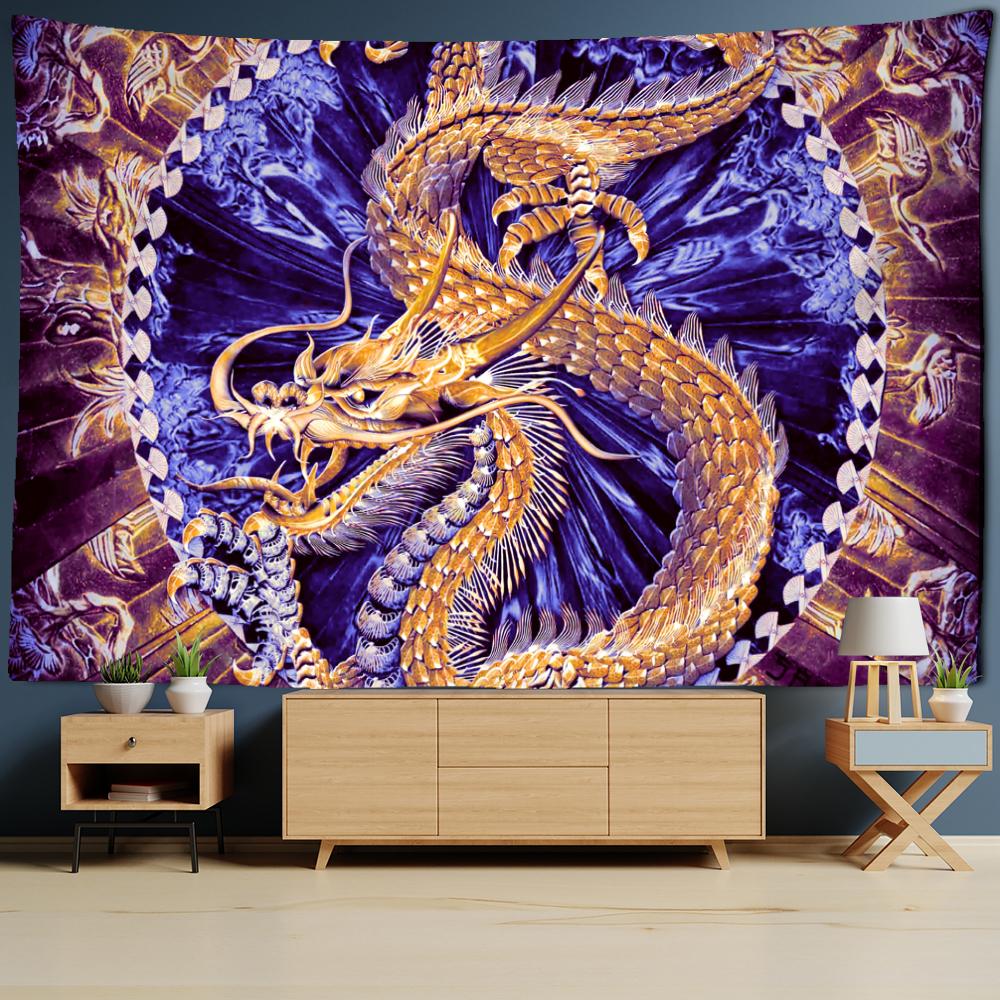 Golden Loong Dragon Totem Tapestry Cartoon Castle Wall Hanging Room Carpet Bedspread Beach Mat Tapis Home Decor Tapestries Art