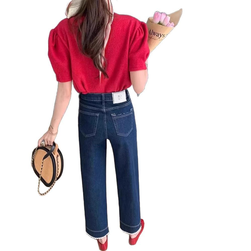 Lace Trim High Waist Petite Straight Leg Jeans for Women - Spring/Summer 2025 Collection