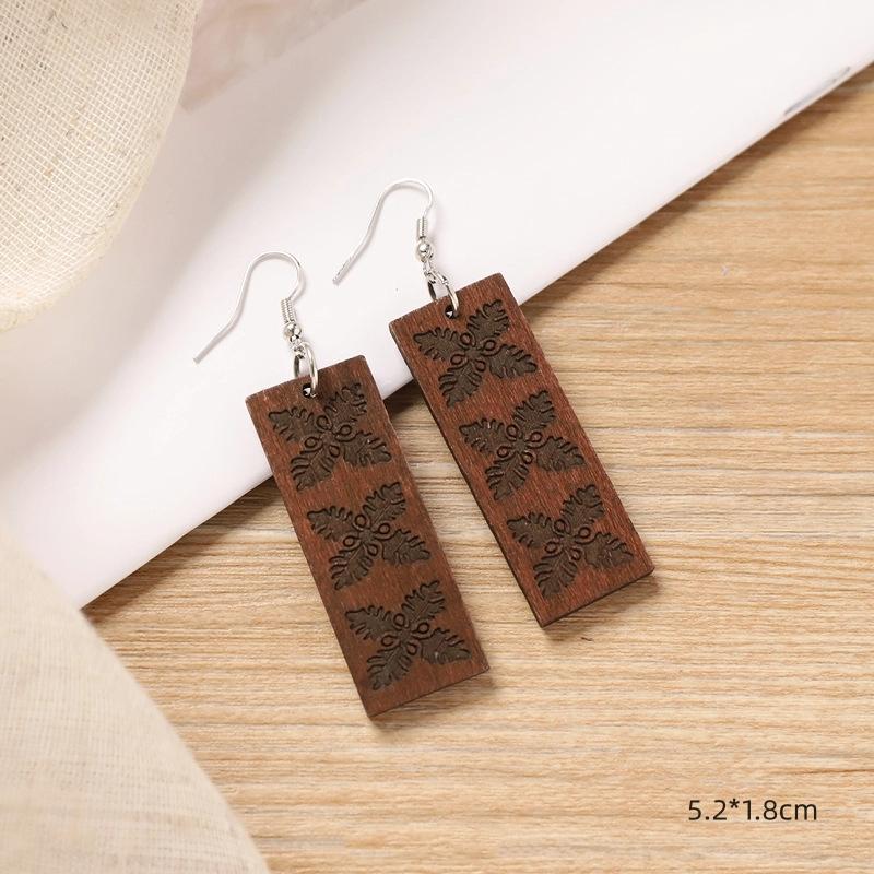 Деревянные серьги Восстановление стиля Лист Резной узор Круглые серьги-подвески Модные деревянные серьги 5