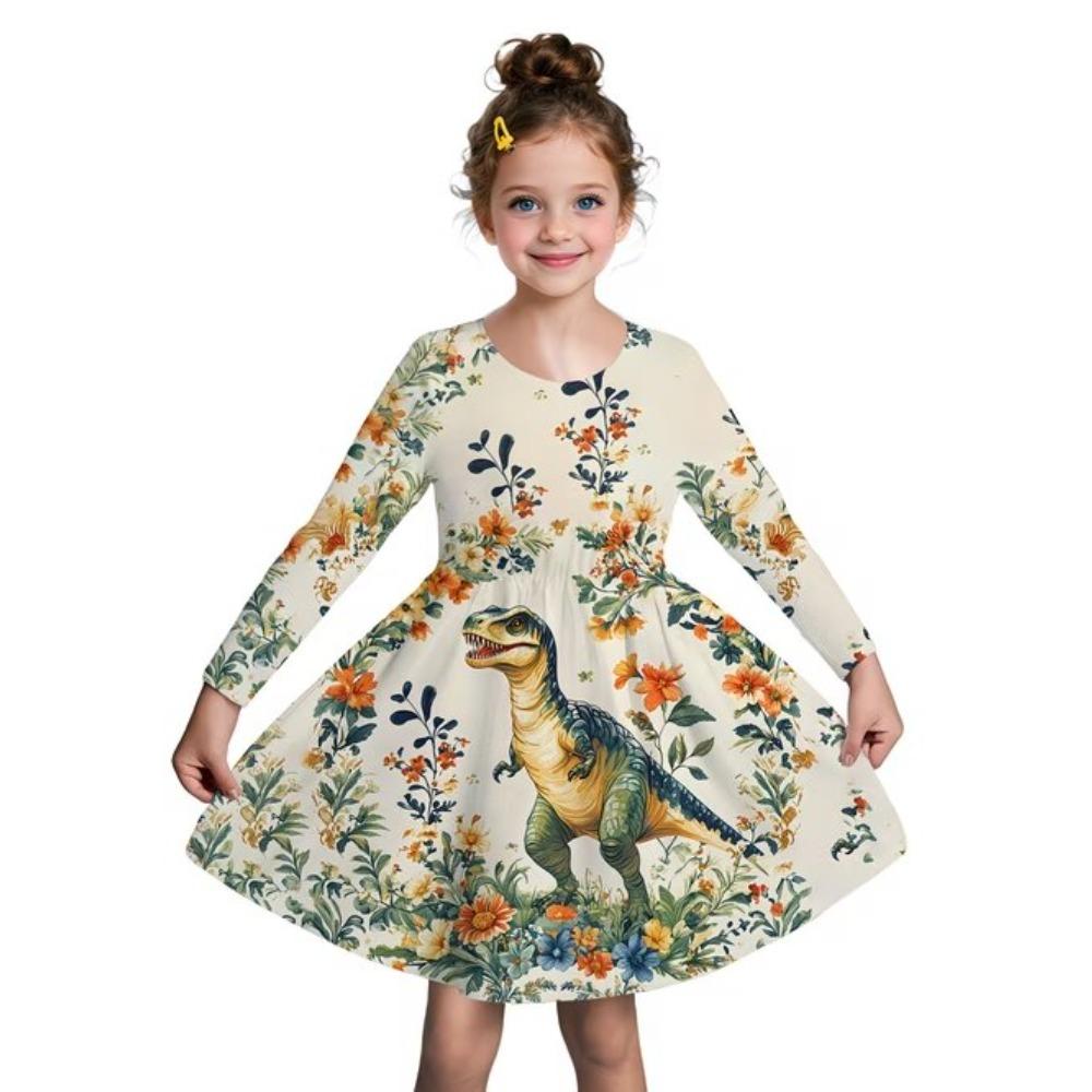 Vestido Casual para Niña con Estampado de Flores 3D, Cuello Redondo y Mangas Largas, Vestido de Princesa para Niña