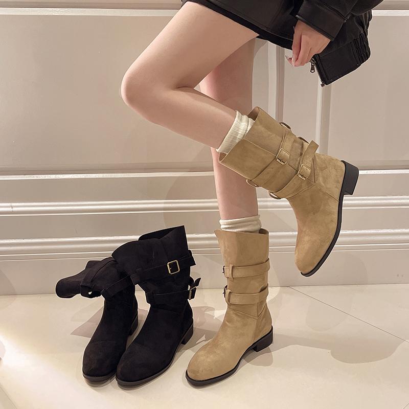 Fashion New Style Fashion Women's Vintage Pointed Toe Block Heel Plus Size Metal Belt Buckle Skinny Thigh Boot Luxury Leather Tall Boots