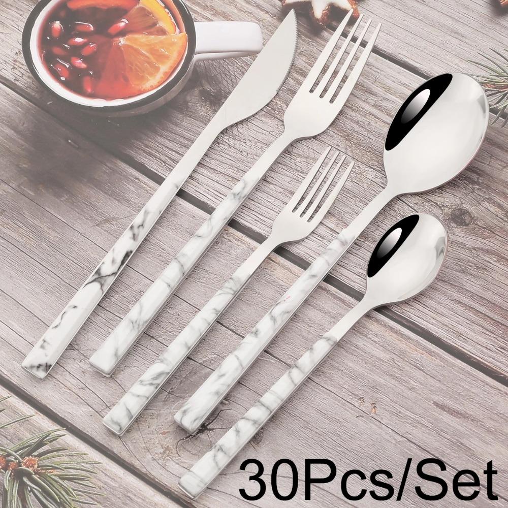 24/30Pcs Knife Forks Dessert Spoon Cutlery Set White Wood Handle Dinnerware Set Steak Stainless Steel Tableware Kitchen Flatware