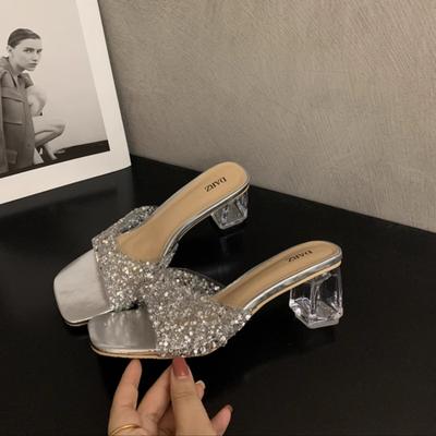 Fashion Summer Women‘s Slippers Sandals 2024 Open Toe Comfortable Sequins Women's Slippers Non-slip Square Heeled Pumps Ladies Shoes