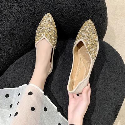 Nuevo estilo, puntera puntiaguda, boca baja, decoración de lentejuelas de perla, mocasines elegantes, suela suave, cómodos, ligeros, planos, zapatos de mujer