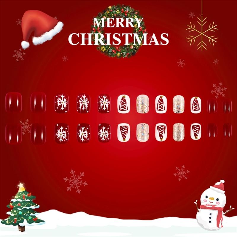 24 Pieces Short Square Glittering French Tip Press On Nail with Snowflake Designs for Christmas and New Year