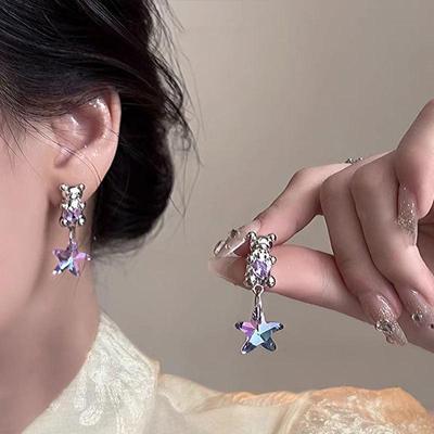 Színes Kristály Csillag és Medve Gradiens Szív Fülbevaló 925 Ezüst Tűvel Nőknek - Koreai Stílus