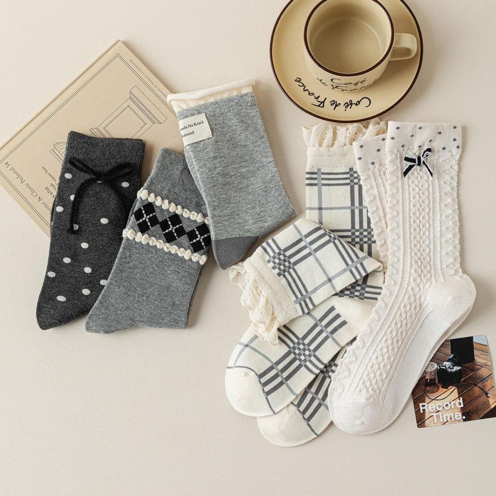 Early Autumn Polka Dot Bow Socks Medium Tube Socks Ballet Lace Medium Tube Socks