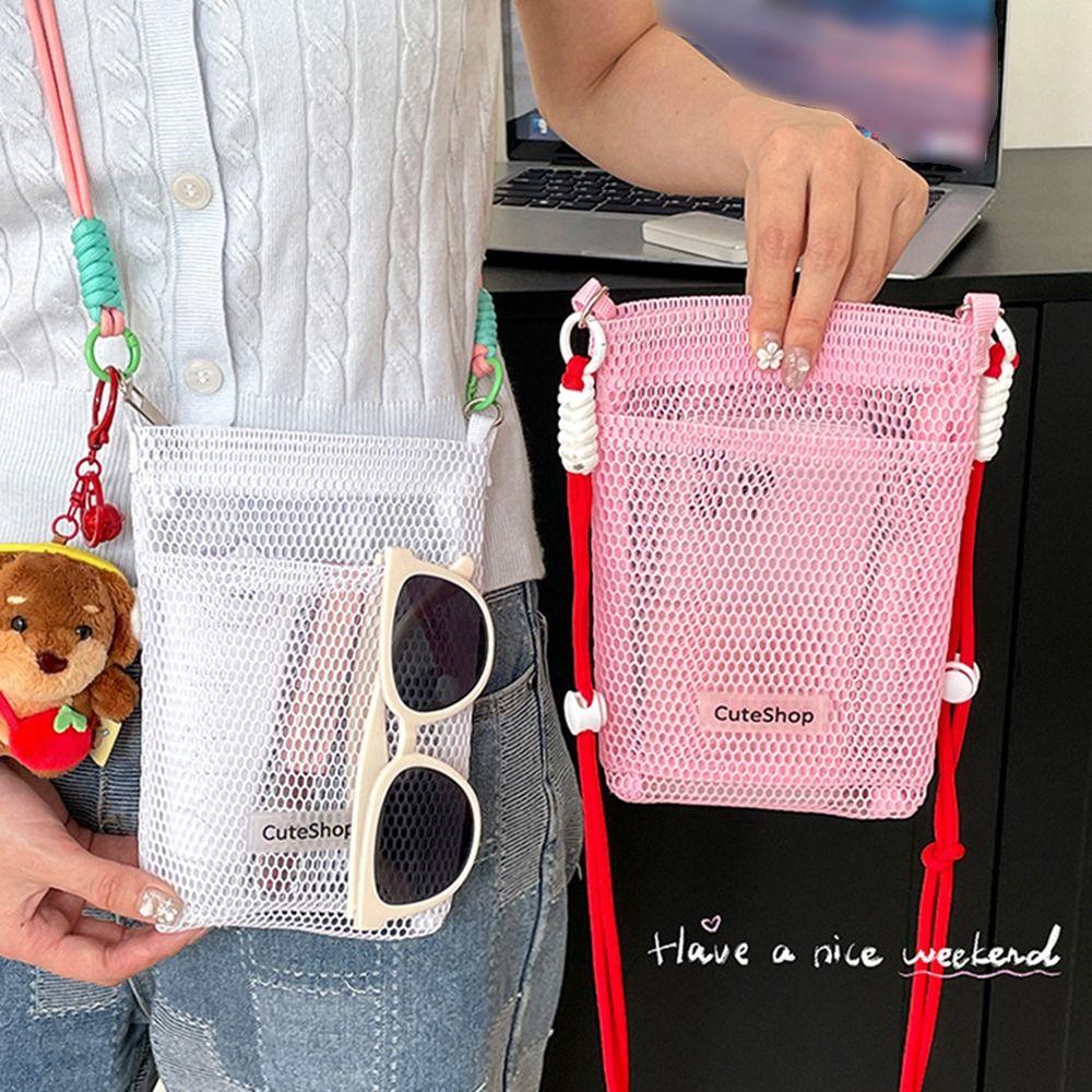 Hollowed-out Korean Style Shoulder Bag Sweet Mobile Phone Bag Fashionable Nylon Mesh Bag  Girls