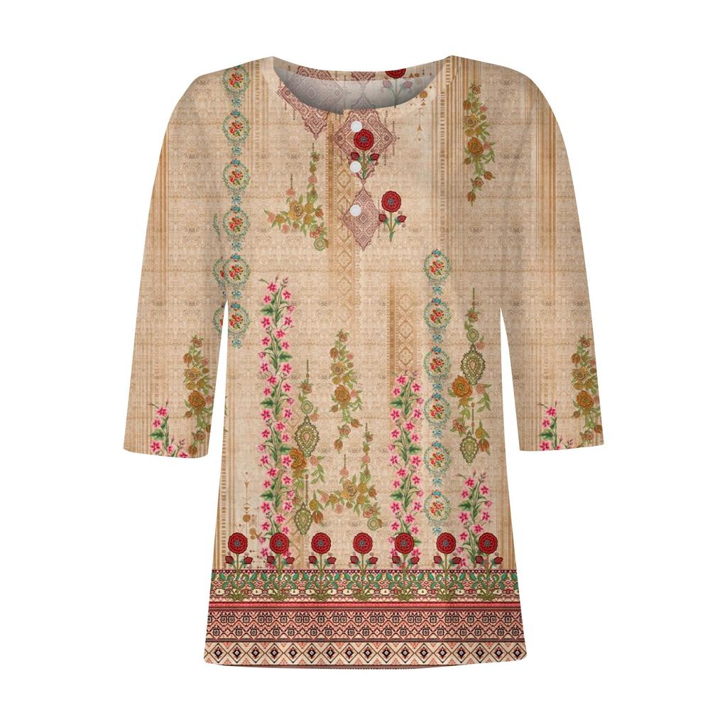 Women's Fashion Casual Long 3/4 Sleeve Flower Buttons Print U-Neck Pullover Top Blouse