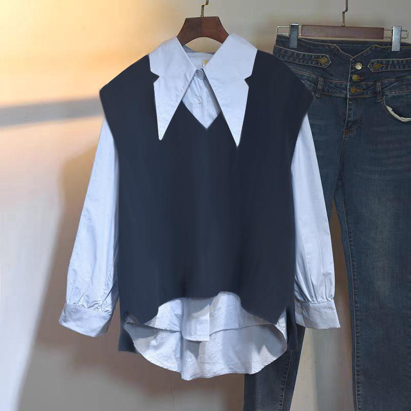 ZANZEA Women Casual Fake Two-Piece Long Sleeve Contrast Color Shirts