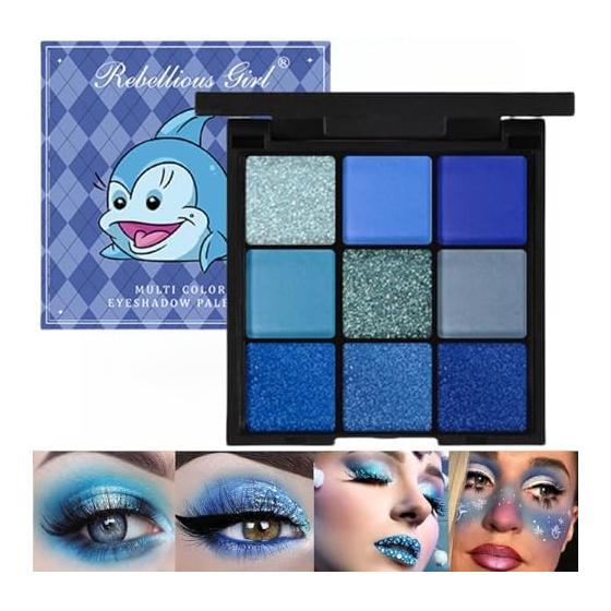 Punk Blue Glitter Eyeshadow 9 Colors, Palette Shadow Pigment, Blue Cool Ocean Color Palette, Blue Eyeshadow Palette-06#Blue Dolphin