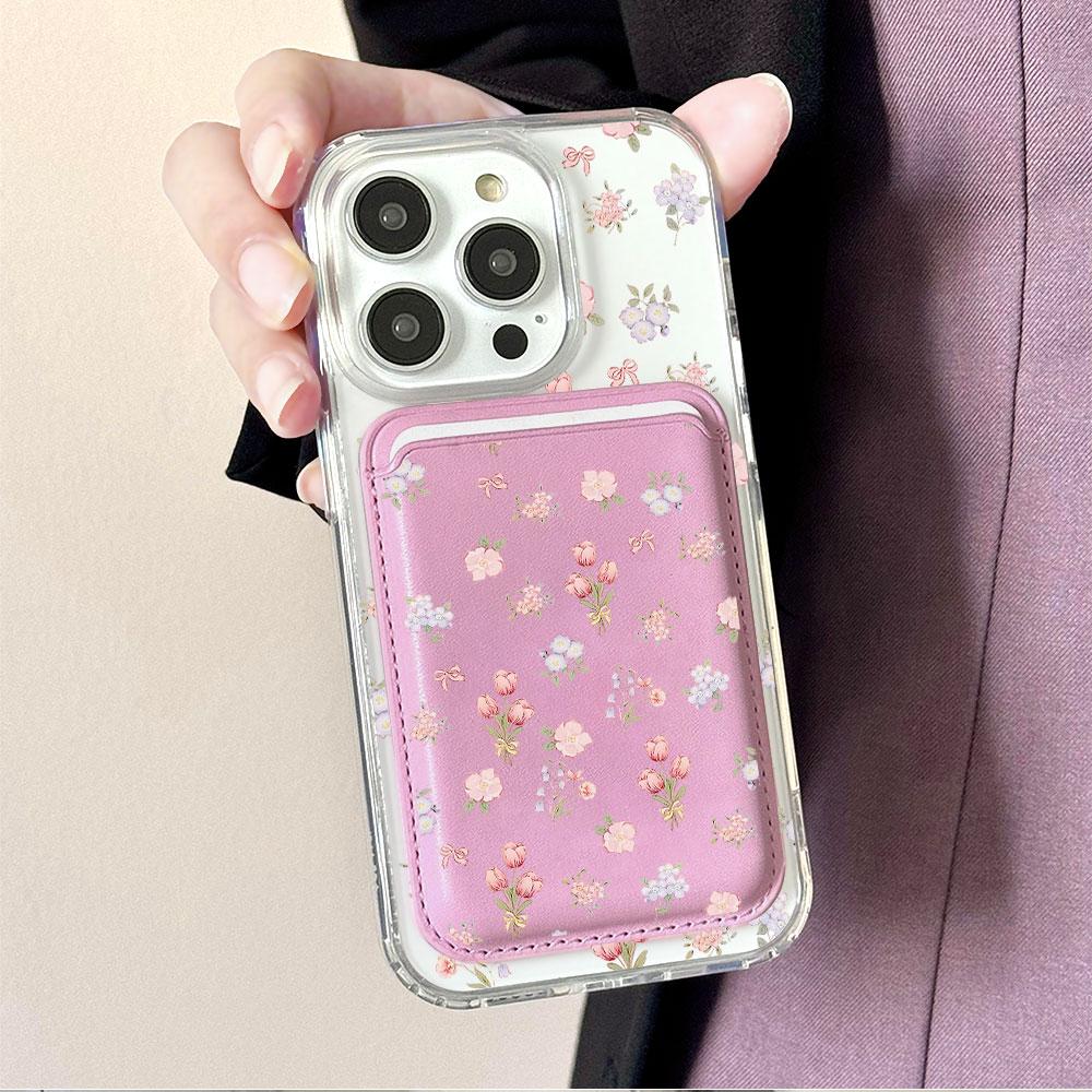 Full screen Pink Floral fragments For Magsafe wallet Magnetic Card holder Phone Case For iPhone 16 13 15 14 17 Pro Max 16E Cover