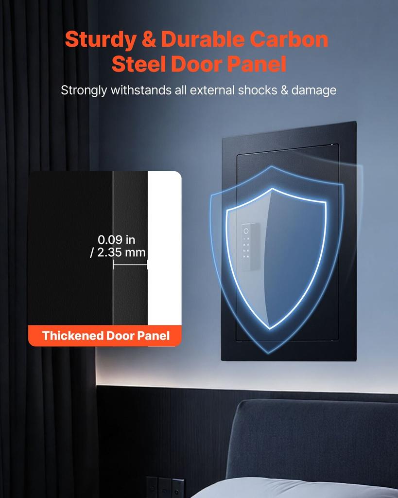Wall Safe, 3-Tier Hidden Wall Safe with Fingerprint, Password, Key & Turning Knob, Q235 Cold-Rolled Steel In-Wall Box with Adjustable Shelves & Key