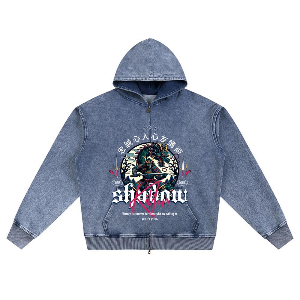 DTG print Knitted Denim Zip-Up Hoodie Shadow Killer Brother Print Zipper Hoodies
