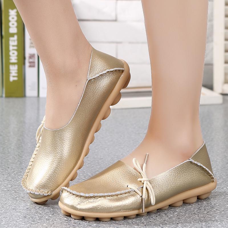 New Moccasins Women Flats  Autumn Woman Loafers Genuine Leather Female Shoes Slip On Ballet Bowtie Women'S Shoes Big Size