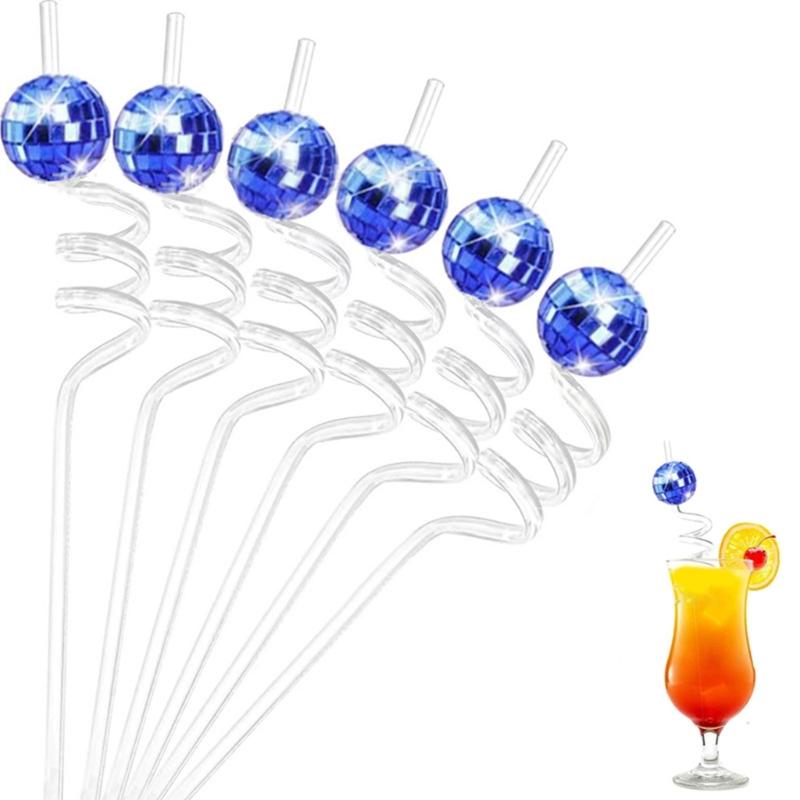 6Pcs/set Discos Decorative Straws Plastic Cocktail Straws Glitter Mirror Discos Balls Drinking Decor for Discos Party