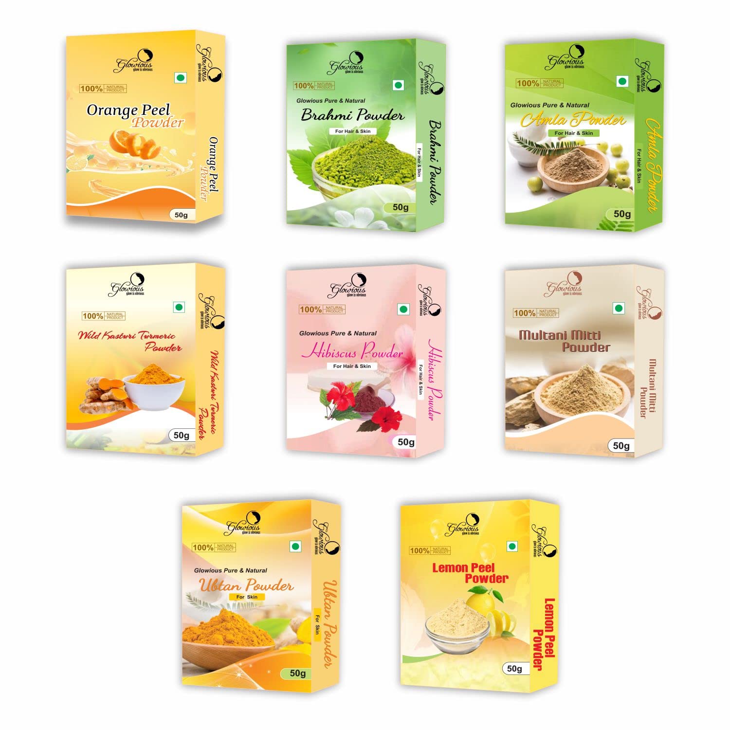 

Glowious Ultimate Skin Radiance Combo Pack - 8 Powders (Orange Peel, Multani Mitti, Kasturi Turmeric, Lemon Peel, Amla, Hibiscus, Ubtan & Brahmi)