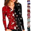 Damenmode Lässig Bedrucktes V-Ausschnitt Langarm Knopfleiste Oberteil